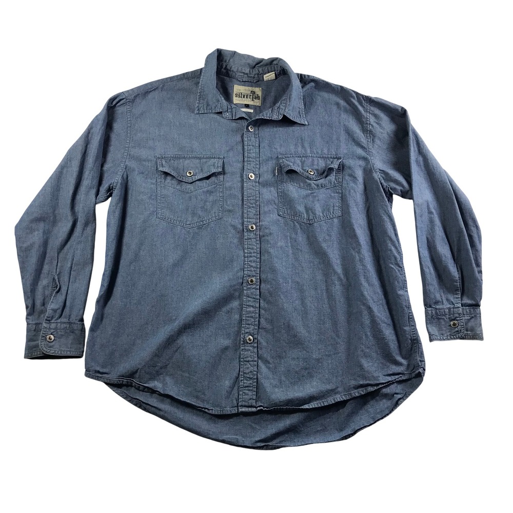 Levis SilverTab Mens Large Blue Denim Chambray Loose Fit Button Down Shirt L